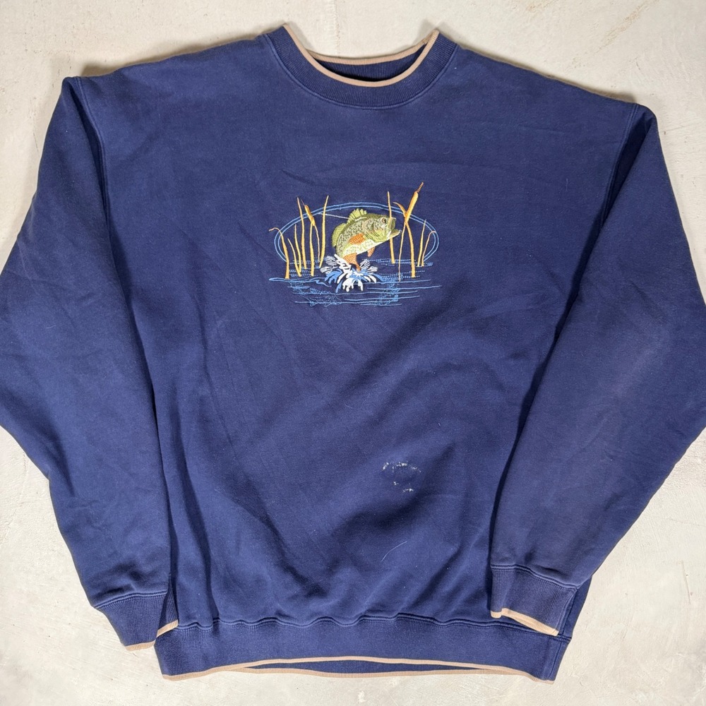 MC Sport Mens XL Navy Blue Bass Fishing Embroidered Sweatshirt Vintage Style